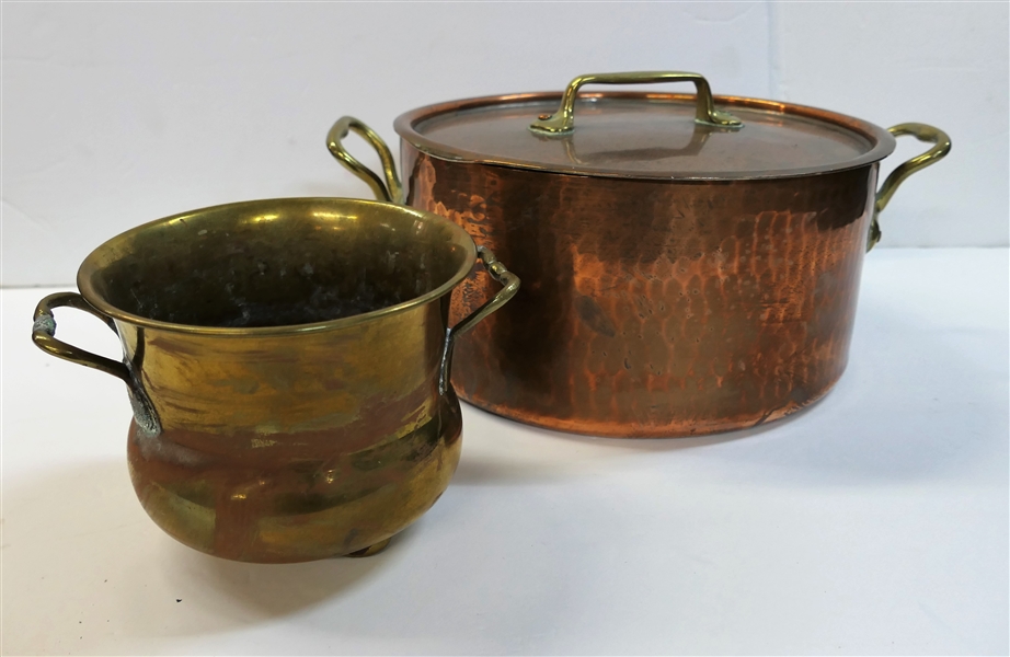 Hammered Copper Lidded Pot and Smaller Brass and Copper 3 Footed Pot - Copper Pot with Lid Measures 4 1/2" Tall 9" Across