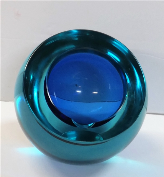 Mid Century Art Glass Ashtray - Cobalt and Teal Blue - Measures 4" Tall 3 1/2" Across