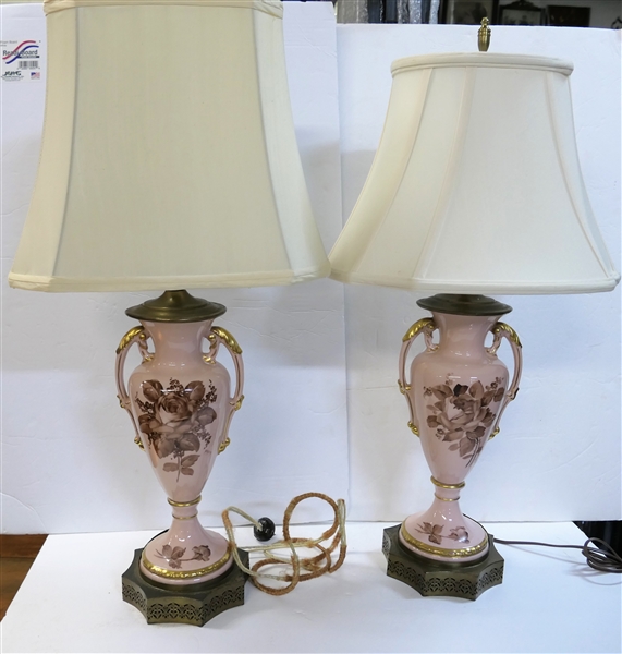 2 Pink Hand Painted Floral Table Lamps - One Signed Poppy Other Signed Almo - Both Need Minor Repair to Metal Bands at Base - Lamps Measure 18" To Bulb