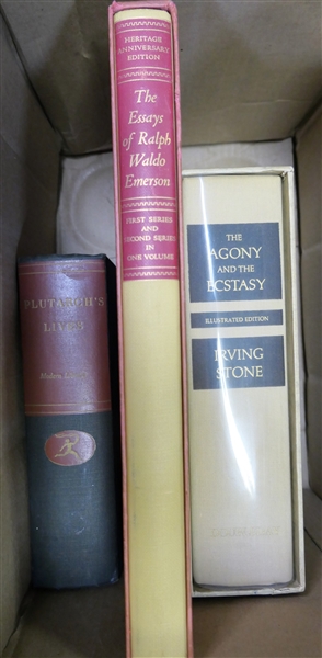 "Plutarchs Lives" "The Essays of Ralph Waldo Emerson" in Cardboard Sleeve and "The Agony and the Ecstasy" Illustrated Edition in Cardboard Sleeve - All Hard Cover Books 