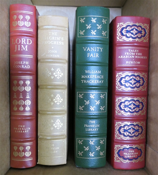 4 Leatherbound Franklin Library Collection Books - "Lord Jim" "The Pilgrims Progress" "Vanity Fair" "Tales From The Arabian Nights"
