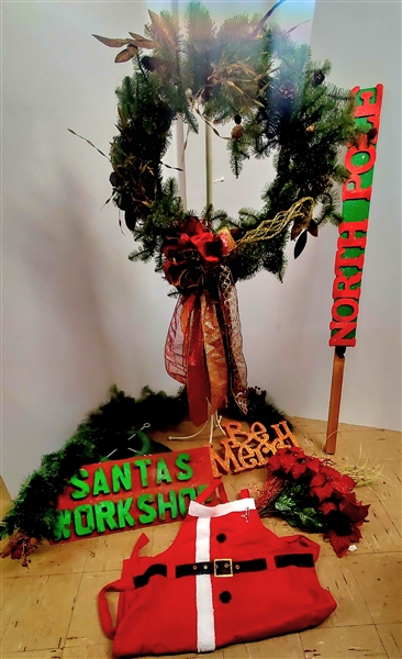 Lot of Christmas Items - Tree Stand, Wood Signs, Flowers, Santa Apron, and Garland - Wreath Measures 27" Across