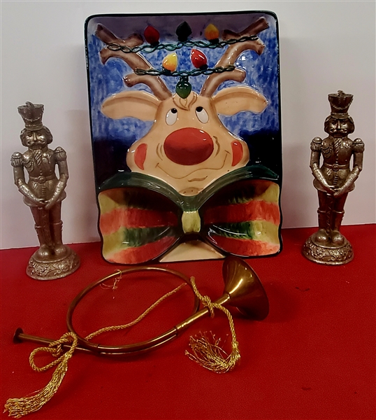 Clay Art Reindeer Serving Dish, Soldier Candleholders, Brass Horn -Dish Measures 15" by 11 1/2"