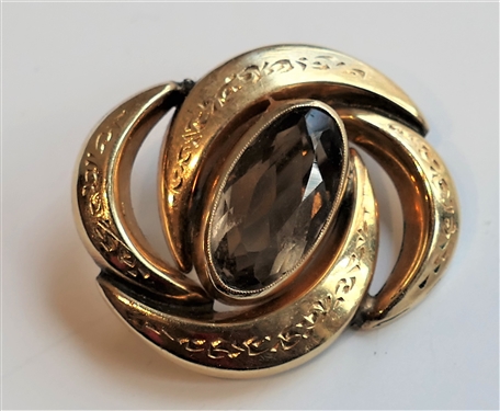 14kt Yellow Gold Brooch with Smoky Topaz Stone Measures 1" by 1/2" 