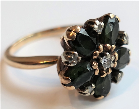 Gold Ring with Floral Shaped Dark Green Stones and Diamond Accents - Size 6 1/2