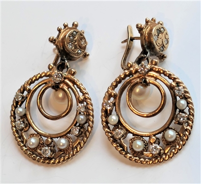 Pair of Beautiful 14kt Yellow Gold Diamond and Pearl Earrings - Measuring 1 1/2" long and 1" Wide