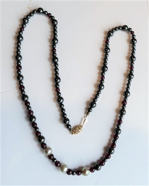 Beautiful Beaded Necklace with Pearls, Hematite Stones, and Red Stones - 14kt Yellow Gold Clasp 