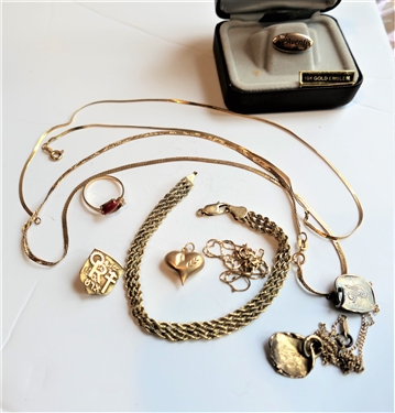 Lot of Gold Jewelry including Tiny 14kt Ring with Red Stone, 14kt Chain - Knotted with Sterling Pendants, Crimped Herring Bone Necklace, 10kt Aventis Tie Tack, Dented Heart Pendant