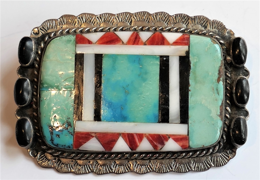 JF Sterling Silver and Turquoise Brooch - Mosaic Turquoise, Onyx, and Coral, Measures 2" by 1 1/2"