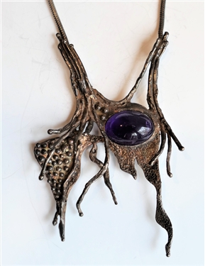 Sterling Silver Necklace with Attached Handcrafted Pendant with Purple Stone