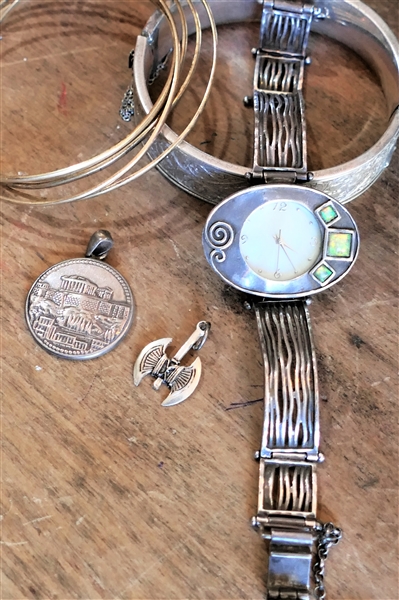 Lot of Sterling Silver Jewelry including Sterling Silver Watch, Bangle Bracelets, Engraved Cuff Bracelet, Pendant, and Charm 