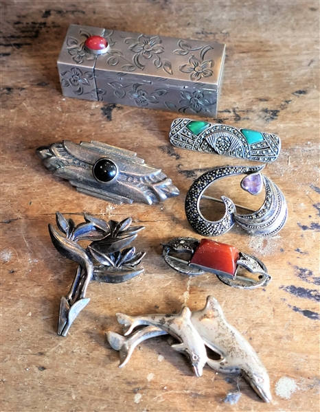 6 Sterling Silver Brooches and 800 Silver Lipstick Case - Pins include Amethyst and Marcasite, Mexico Sterling and Black Onyx, AABANA Sterling Flower, and Dolphin Pendant