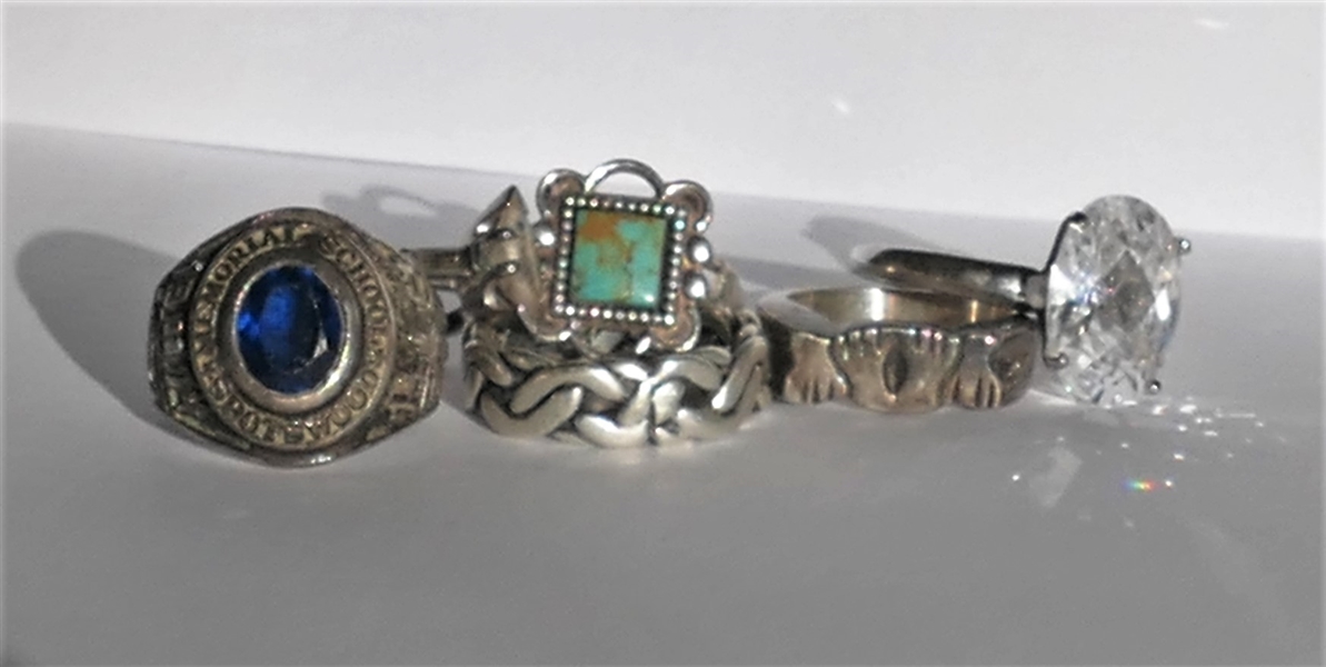 6 Sterling Silver Rings Mexico Braided Size 8, Large Clear Stone Size 9, Marquis Stone Size 7, Spotswood Memorial 1974 Class Ring Size 8, Mexico Sterling Band Size 6 1/2, and Sterling with...
