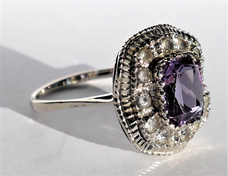 14kt White Gold Cocktail Ring with Amethyst Center Stone and Clear Accents Size 7
