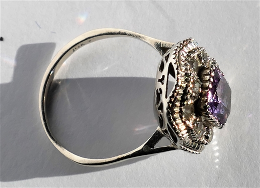 14kt White Gold Cocktail Ring with Amethyst Center Stone and Clear Accents Size 7