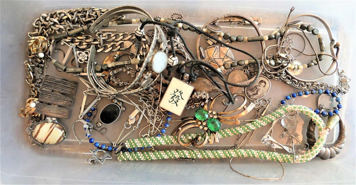 Mixed Lot of Sterling Silver and Costume Jewelry including Beaded Necklaces with Sterling Clasps, Sterling Charm Bracelet, Sterling Silver Mickey Mouse Charm, Sterling Silver Necklaces, Etc. 
