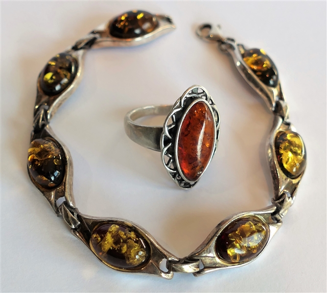 Sterling Silver and Amber Bracelet and Ring - Ring Size 6 