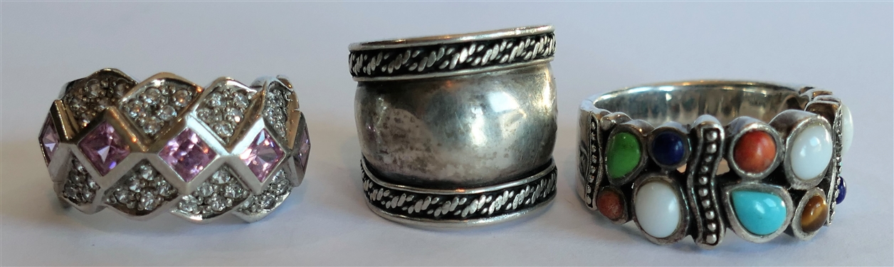 3 Sterling Silver Rings Multi Stone Size 9 1/2, Wide Band Size 4 1/2, and Pink Stones Size 6