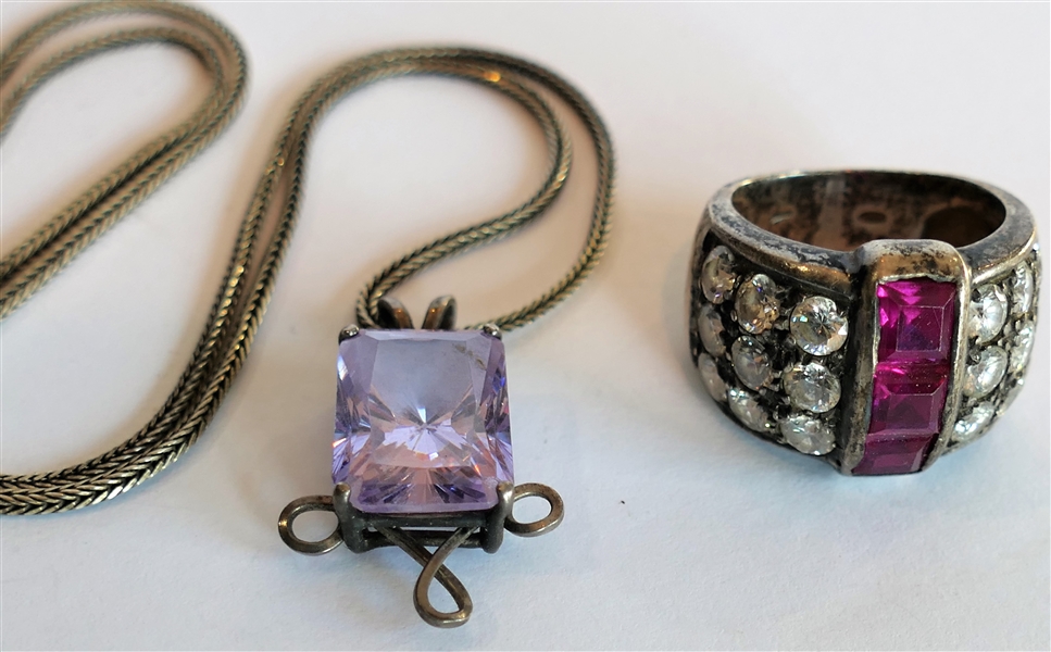 Sterling Silver Ring with Dark Pink Stones Size 5 1/2 and Sterling Silver Necklace with Purple Stone Pendant 