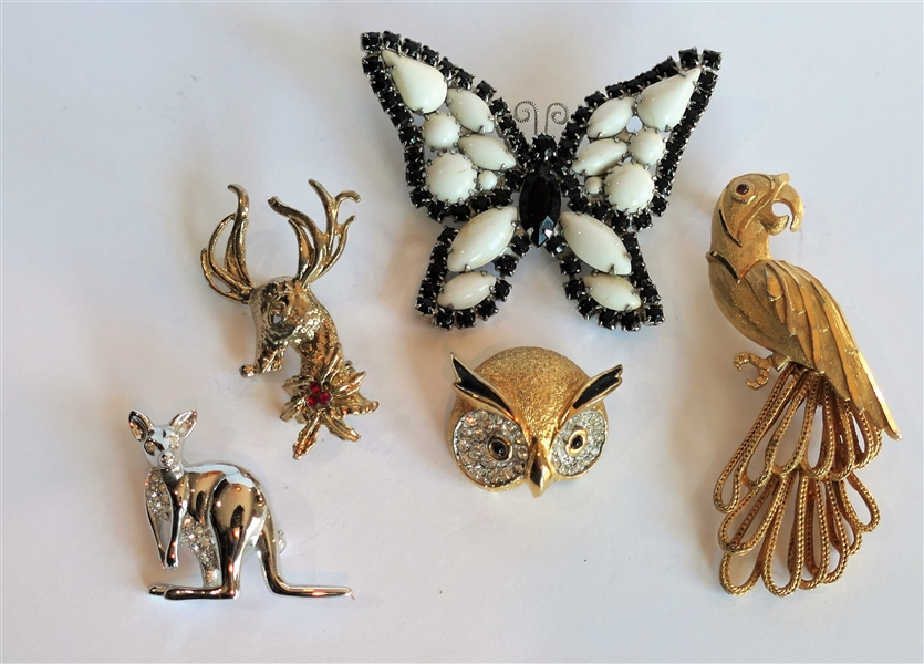 Lot of Animal Brooches Kangaroo, Bird, Butterfly, and Owl 