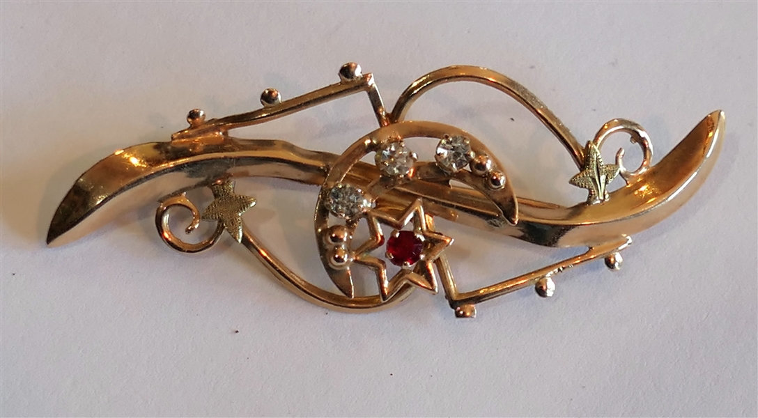 14kt Yellow Gold Brooch with Diamond and Colored Stone Accents - Stars and Moon - Measures 1 3/4" by 1/2"