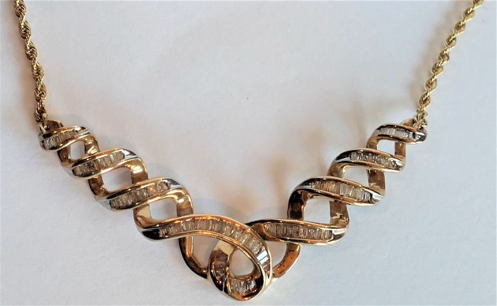Beautiful 10kt Yellow Gold Diamond Baguette Necklace with Magnetic Clasp 