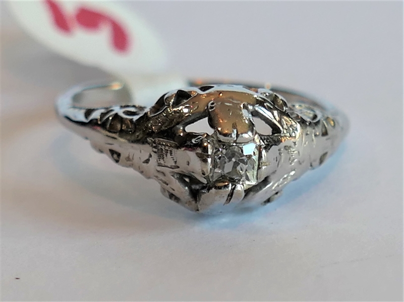 Antique 10kt? White Gold Ring with 1/4 Carat Mine Cut Diamond Center Stone 