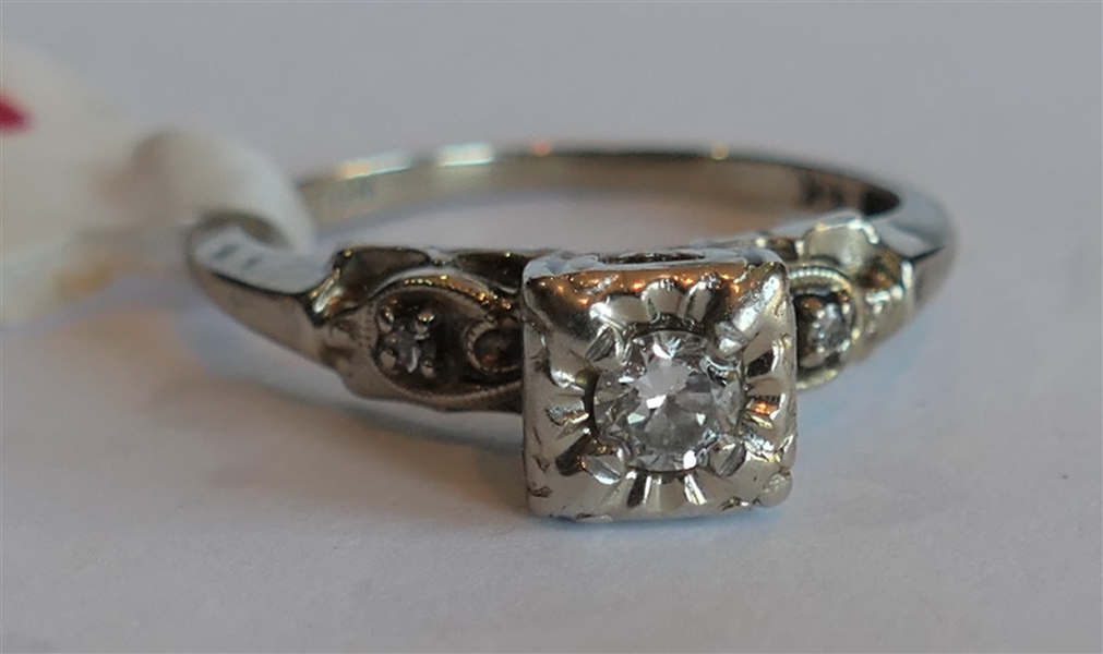 Antique 14kt White Gold Ring with 1/4 Carat Diamond Solitaire with Diamond Accents on Sides 