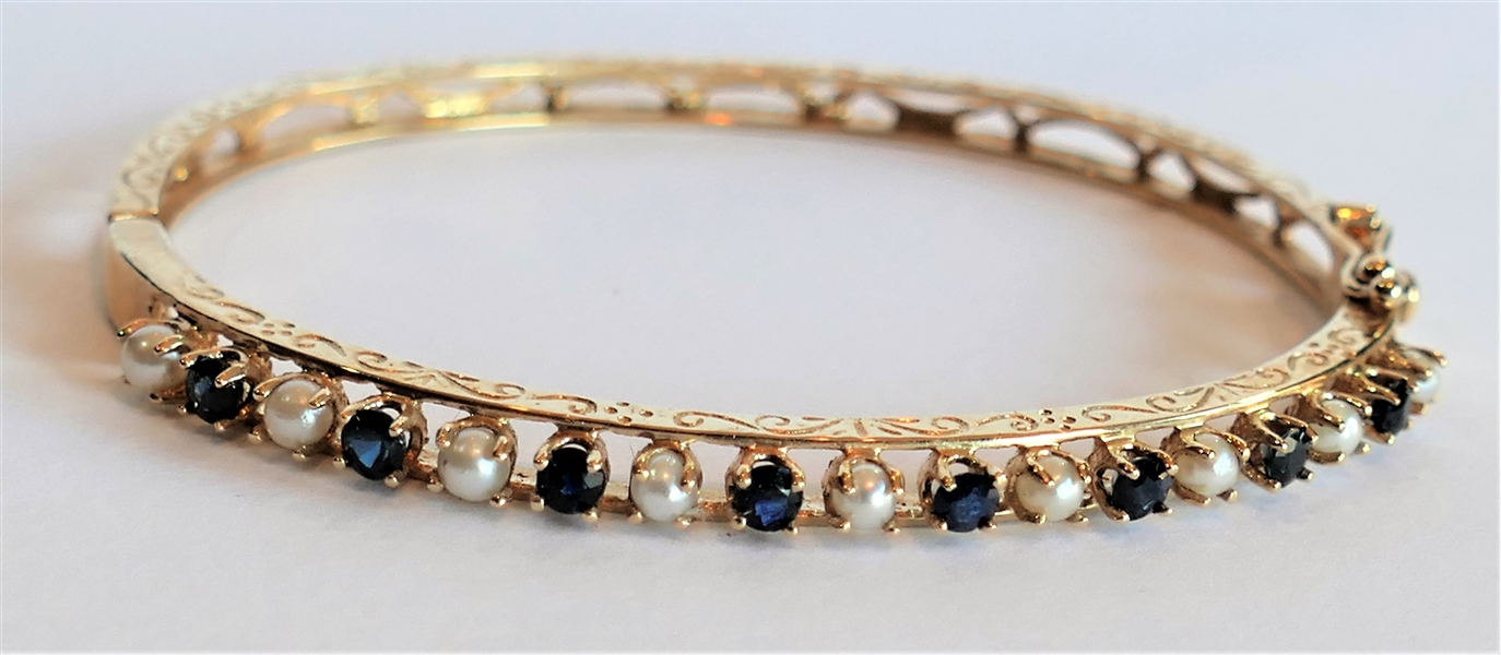 C M/J 14kt Yellow Gold Bangle Bracelet with Pearls and Sapphires 