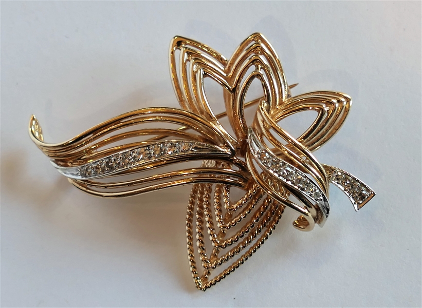 Beautiful Gold and Diamond Leaf Brooch  -Measures 2 1/8" by 1 1/4" At Widest Points
