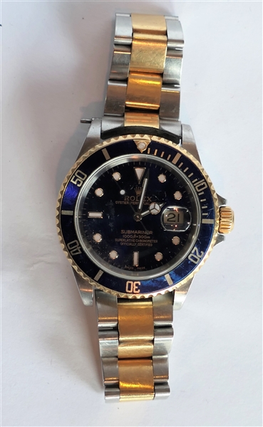 2001 Rolex Submariner Watch - Blue Dial -Stainless Steel Case Marked -  Original Rolex Design 16613 -  Stainless Steel and 14kt Gold Band - Watch is Running - Band Needs Repair (Reattaching By...