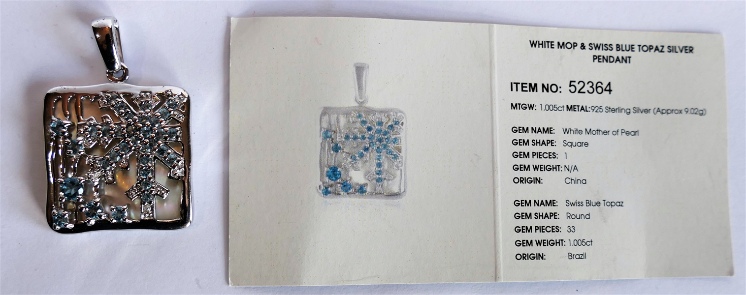 White Mother of Pearl and Swill Blue Topaz Sterling Silver Pendant - Brand New with Original Information Card