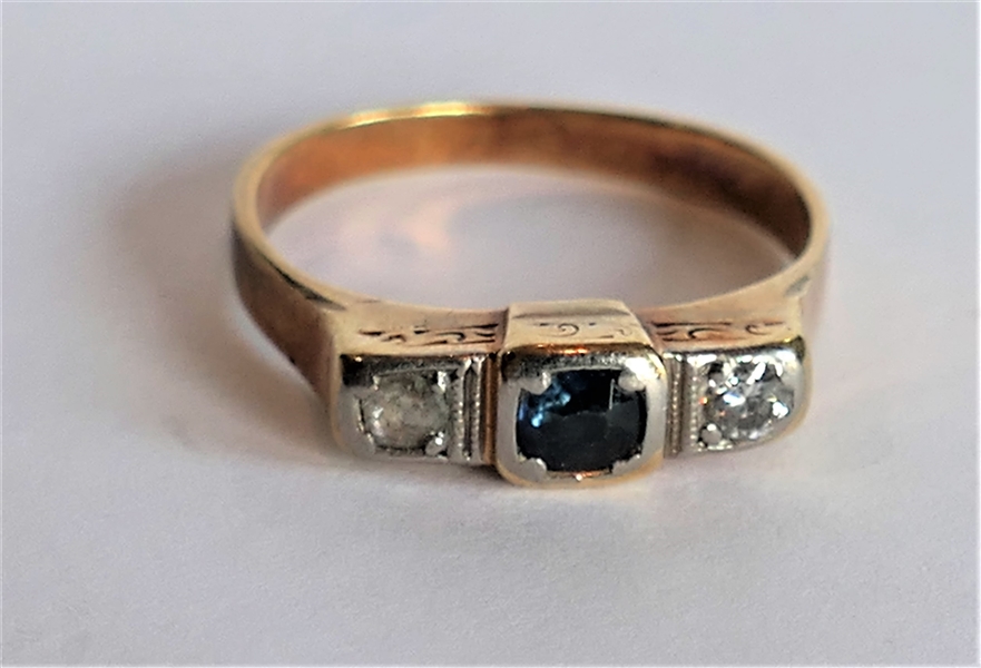 Antique 18kt Yellow Gold Ring with Sapphire and 2 Diamonds -Size 5