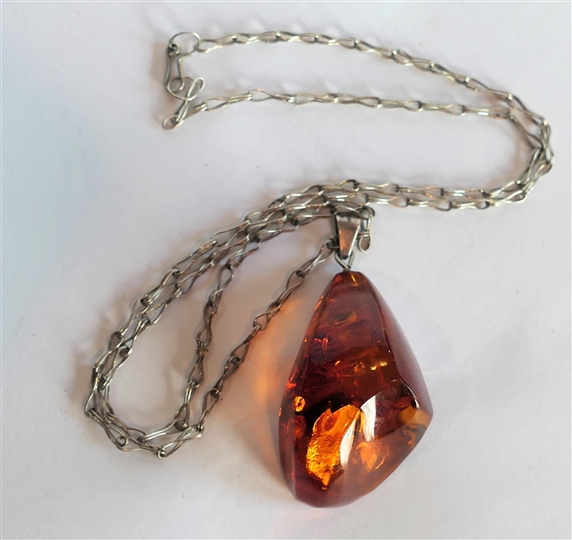 Sterling Silver Necklace with Large Amber Pendant - Amber Measures 2" by 1" - Necklace Measures 20" Long