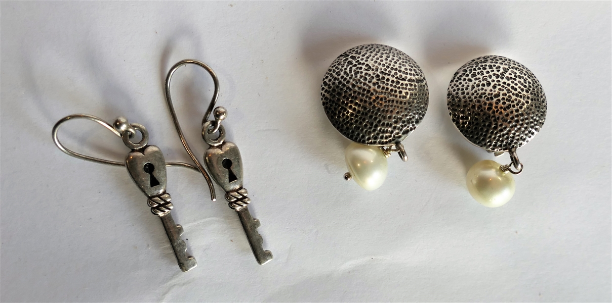 Sterling Silver Hammered Clip On Earrings with Drop Pearls and Pair of Sterling Silver Key Earrings