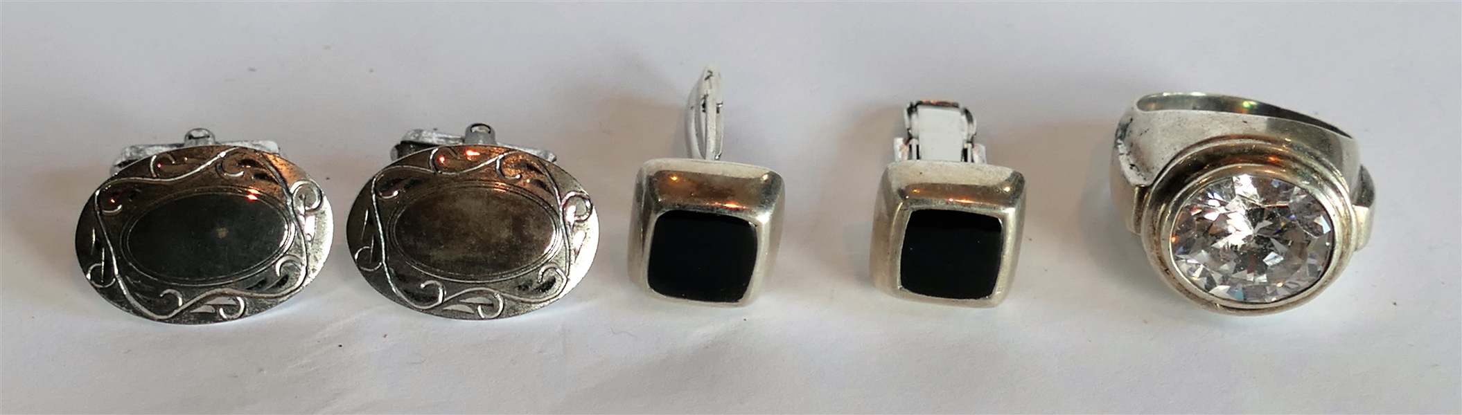 Sterling Silver Silpada Cufflinks, Sterling Silver Oval Cuff Links, and Sterling Silver Ring with Large Clear Stone - Size 9