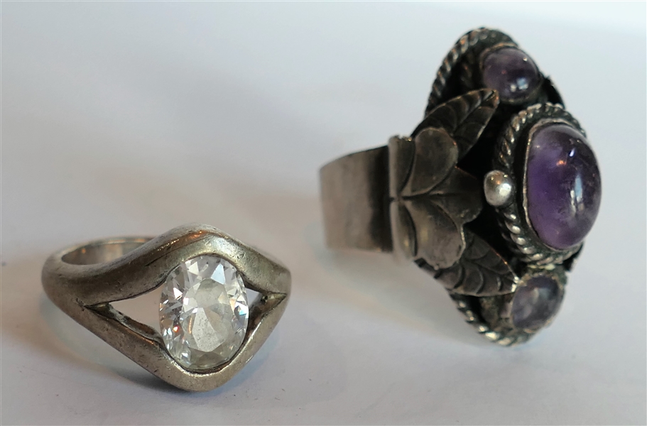 Taxco Mexico Sterling Silver Poison Ring with Amethyst Stones and Sterling Silver Ring with Small Clear Stone Size 5 3/4
