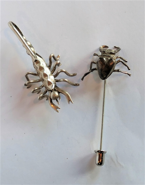 Sterling Silver Scorpion Pin and Sterling Silver Beetle Stick Pin - Scorpion Measures 2" Long 