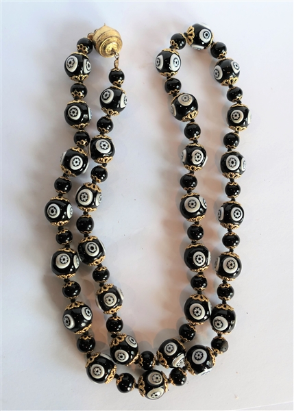 Black and White Glass Beaded Necklace with Gold Tone Clasp and Beads - Measures 29 1/2" Long - In Original Box