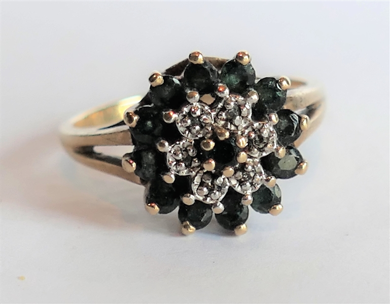 10kt Yellow Gold Cluster Ring with Dark Green Stones and Diamonds Size 6 1/2