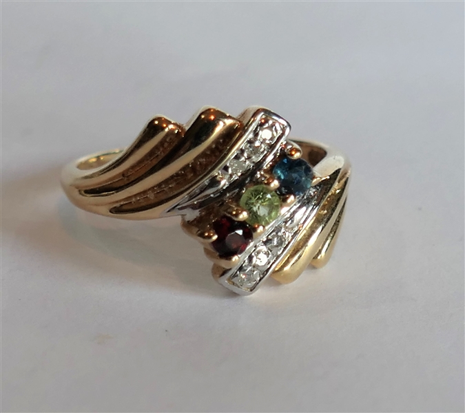 14kt Yellow Gold Ring with Red, Green, and Blue Stones and Diamond Accents - Size 5