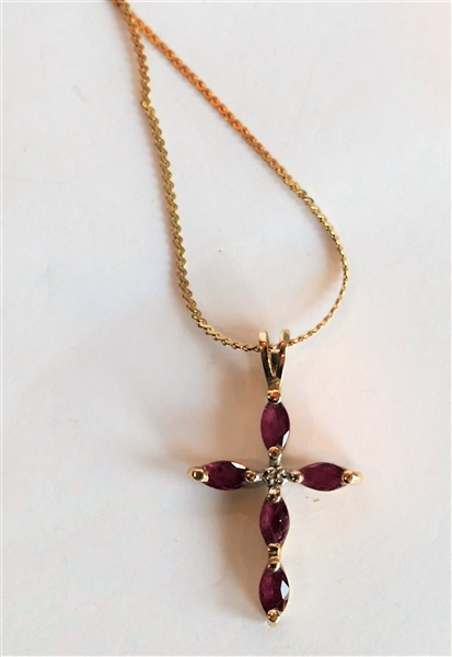 14kt Yellow Gold Necklace with 14kt Gold Cross Pendant with Dark Pink Stones and Diamond Accents - Chain Measures 15" Long