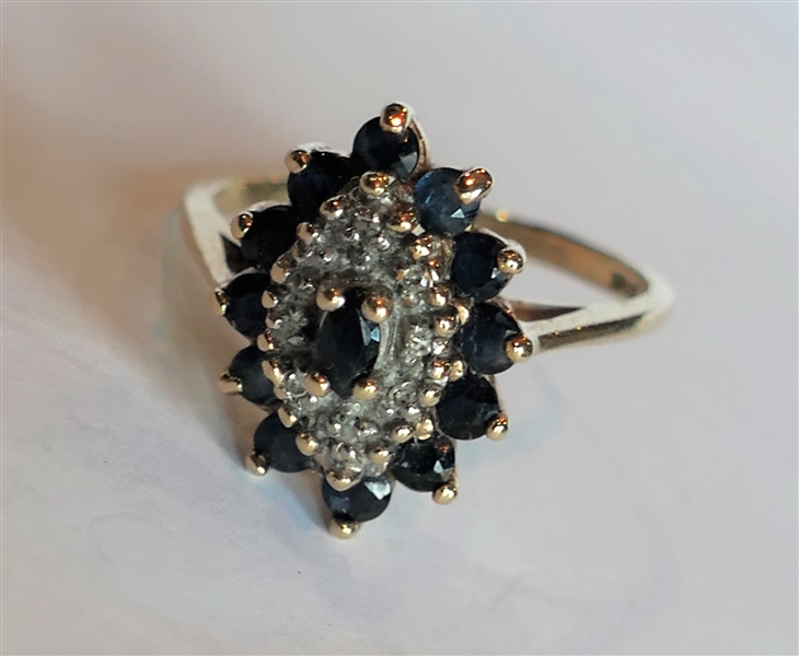 10kt Yellow Gold Ring with Sapphire and Diamond Cluster Size 6