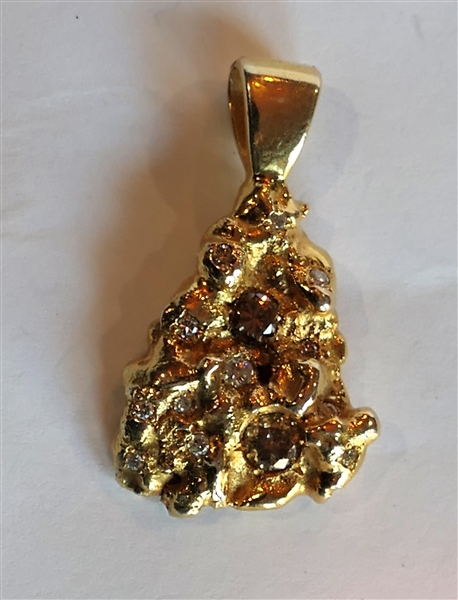 Beautiful 14kt Yellow Gold Nugget Pendant with Clear and Champagne Diamonds - Measures 1 1/4" by 3/4"