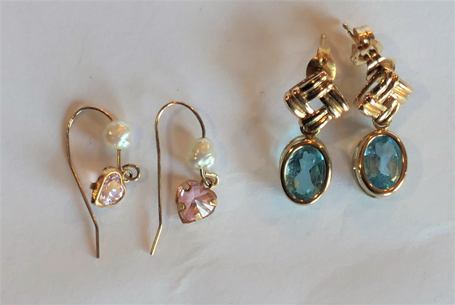 14kt Yellow Gold Blue Topaz Earrings and 14kt Gold Hook Earrings with Pink Stones and Pearls 