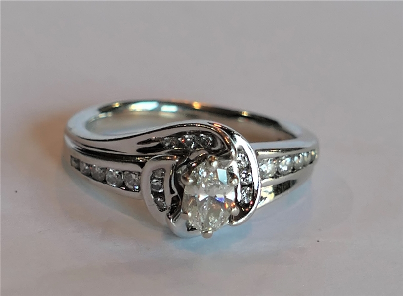 14kt White Gold "Love Story" Diamond Ring with Marquis Cut Center Stone - Approx. 1/2 Carat Total Weight Size 5