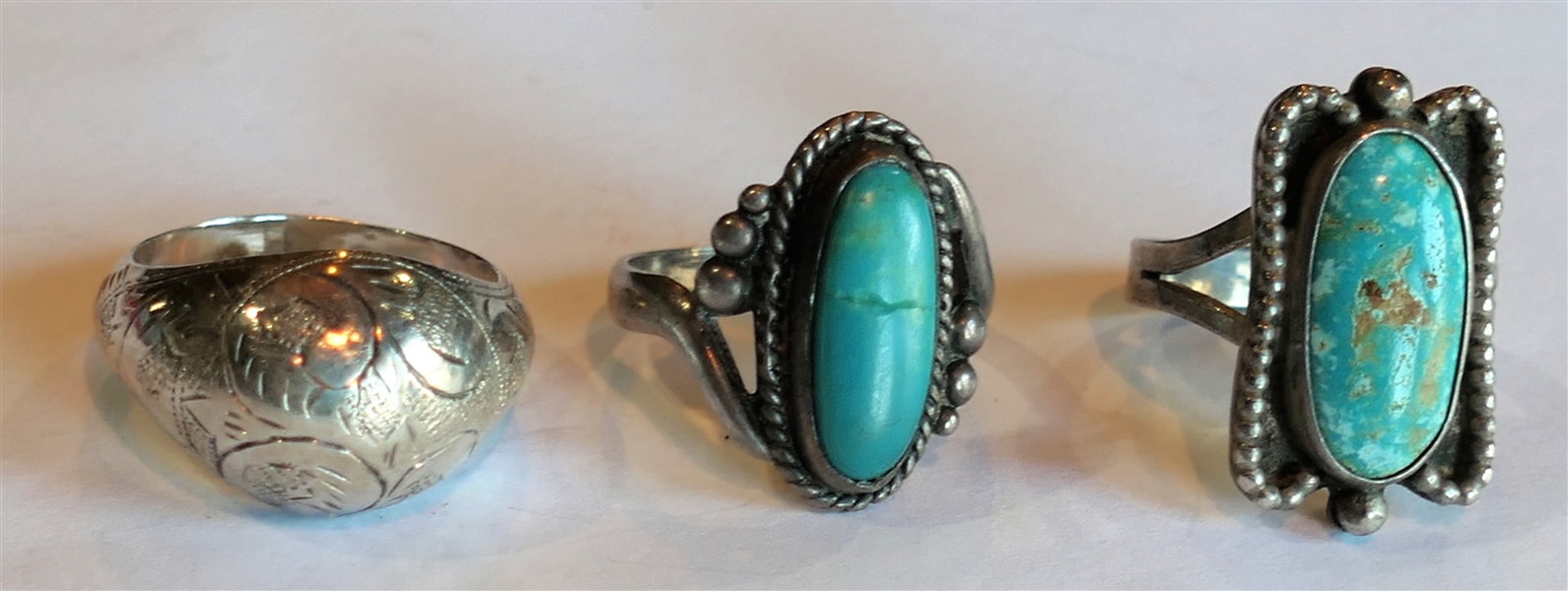 3 Rings - Siam Sterling Dome Ring Size 7 1/4, Bell Sterling with Cracked Turquoise Stone Size 6 1/4, and Silver and Turquoise Ring Size 5 3/4