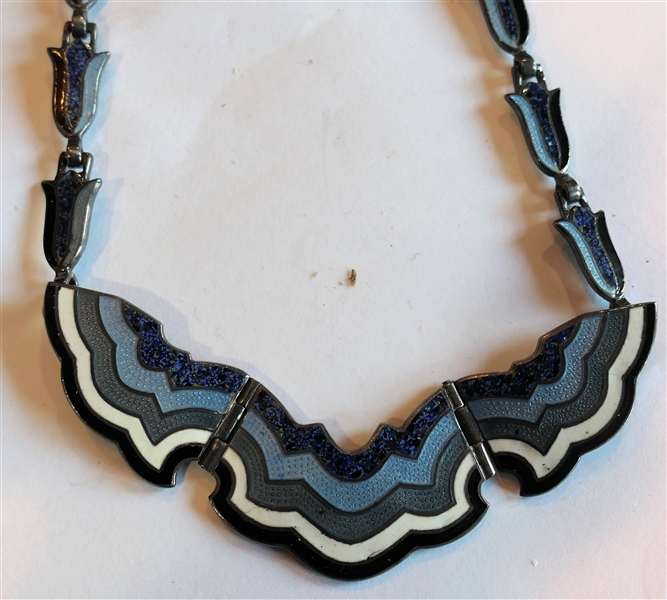 Taxco Mexico Sterling Silver and Enamel Necklace - Light Blue, Dark Blue, White, and Black Enamel - Measures 16" Long