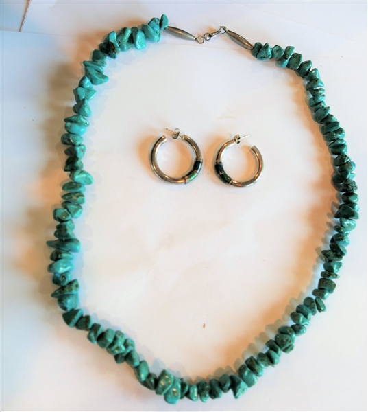 Silver and Turquoise Beaded Necklace and Sterling Silver Enamel Hoop Earrings