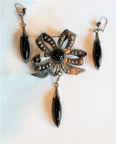 Taxco Sterling Silver Black Onyx Bow Pin and Earring Set - Pin Measures 2" Across
